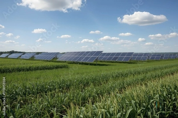Fototapeta Field of solar panels generating clean energy with sky and clouds in the background on sunny day.