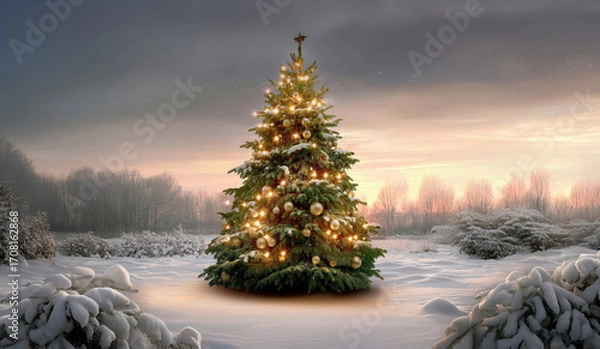 Obraz Christmas tree with lights with winter scenery