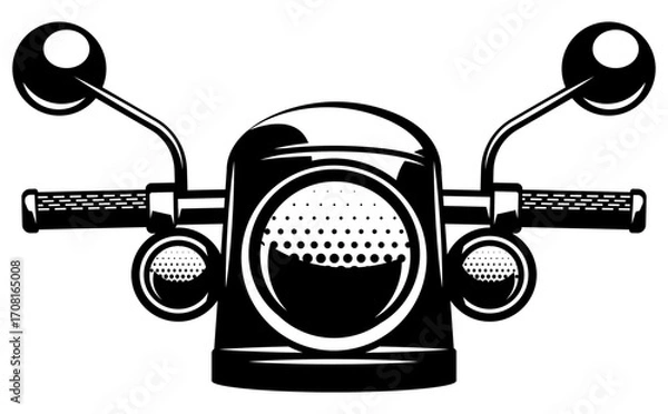 Fototapeta Motorcycle front view with handlebars mirrors and headlights in black monochrome silhouette style isolated on white background.