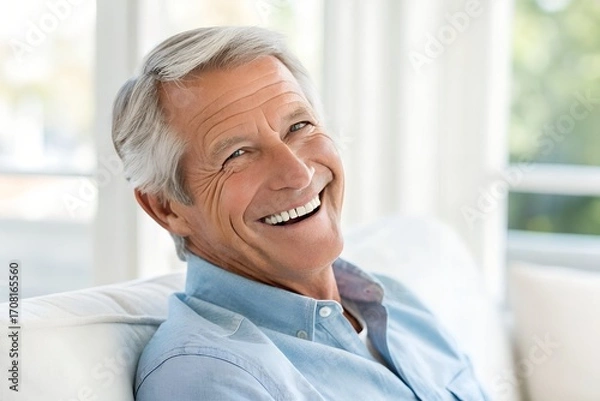Fototapeta Radiant Smile: Portrait of a charming older man, capturing his genuine happiness and contentment with a captivating close-up shot.