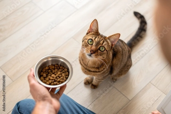 Fototapeta Cat's Mealtime: A close-up perspective capturing a playful domestic cat gazing longingly towards the person holding its food bowl, anticipating the delicious meal