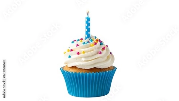 Fototapeta Delicious cupcake with vanilla frosting and a blue candle isolated on white background ready to celebrate