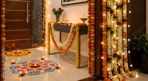 Fototapeta Vibrant Diwali celebration with colorful Rangoli designs and sparkling lights creating a warm, inviting, and festive atmosphere for family gatherings