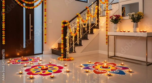 Fototapeta Celebrate Diwali with vibrant rangoli art and warm diya lights, creating a festive and inviting ambiance for family gatherings and cultural traditions