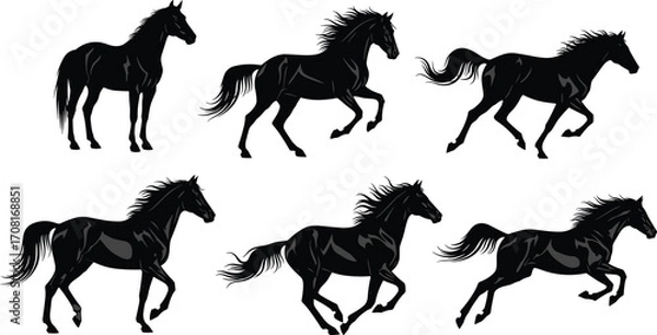 Obraz Horse silhouette motion sequence, galloping animal illustration, running horse vector, dynamic equine pose, black horse clipart, animation reference art