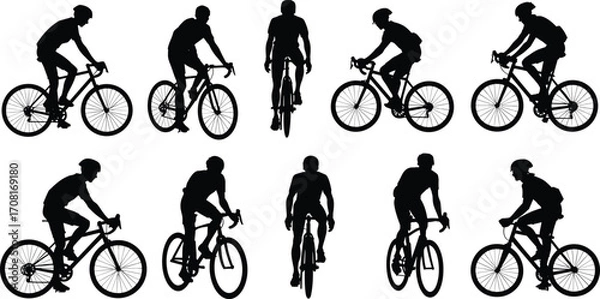 Obraz Silhouette cyclists racing on road bikes in various angles, front side rear views, sports motion posture, competitive bicycle vector illustration