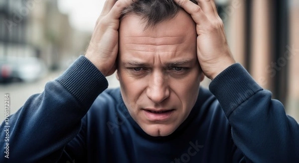Fototapeta Close-up of a stressed man holding his head with his hands, experiencing anxiety, worry, or a headache, against a blurred urban background