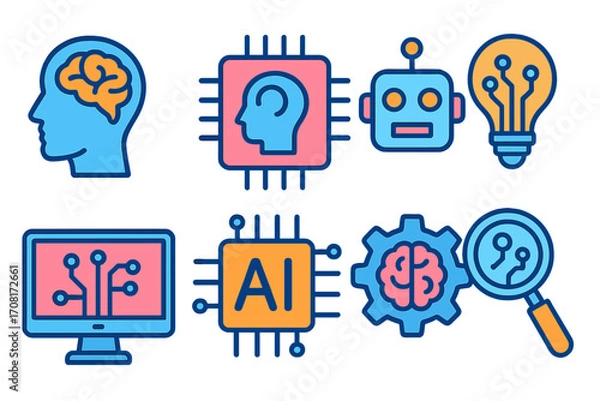 Fototapeta Artificial intelligence icon set. AI technology concepts, machine learning, robotics, and smart innovation symbols. Vector icons for brain, chip, bot, and data processing.