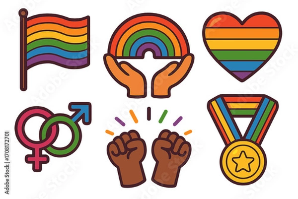 Fototapeta LGBTQ pride vector icon set with rainbow flag, heart, and medal. Symbols of diversity, inclusion, love, and equality. Gay rights, gender signs, protest fists. Cartoon illustration.