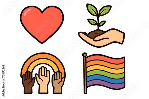Fototapeta Icon set for love, growth, community and pride. Vector symbols for diversity, equality, LGBTQ rights, and environmental care. Heart, plant, diverse hands, rainbow flag design.