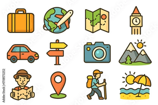 Fototapeta Travel icon set for journey and vacation. Tourism, exploration, adventure concepts. Landmark, map, suitcase, camera, hiking, beach holiday. Flat cartoon vector icons.