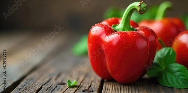 Fototapeta Vibrant red organic bell pepper, freshly picked and glistening with dew, sits on a rustic wooden surface Perfect for healthy eating recipes and culinary backgrounds , rustic, sweet pepper
