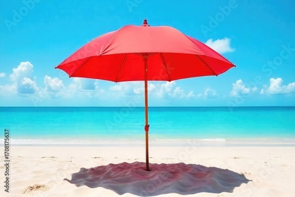 Fototapeta Vibrant red beach umbrella providing shade on a sunny, sandy beach Perfect for summer vacation, relaxation, and coastal imagery Ideal for travel and tourism websites , beach, sea