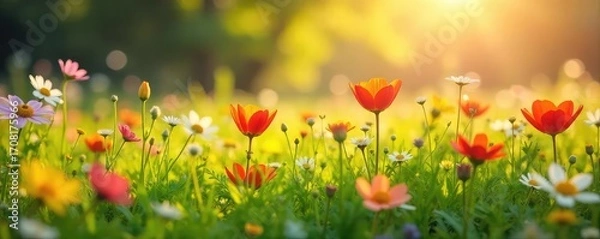 Fototapeta Vibrant wildflowers in a lush meadow bathed in the warm glow of the spring sun  Perfect for springtime themes, Easter, nature, and fresh beginnings ,  wildflower meadow,  meadow