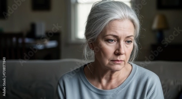 Fototapeta Thoughtful Senior Woman Contemplating at Home: Authentic Portrait of Aging and Wellbeing