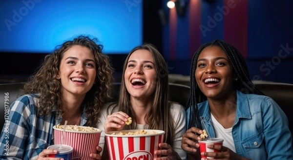 Fototapeta Three Diverse Female Friends Laughing and Enjoying a Movie at the Cinema with Popcorn and Drinks