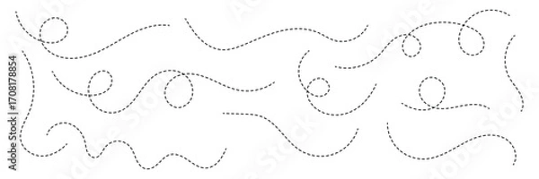 Fototapeta Hand drawn curve dotted line, Spiral dotted line hand drawn, Dotted lines path travel, dotted line trip dashed trace destination track plan and silhouette, travelling symbol. Vector illustration