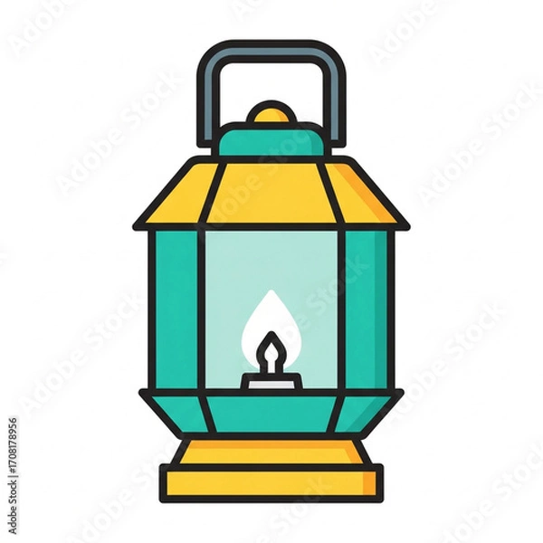 Fototapeta Vibrant Teal and Yellow Lantern Icon with a Simple Glowing Flame