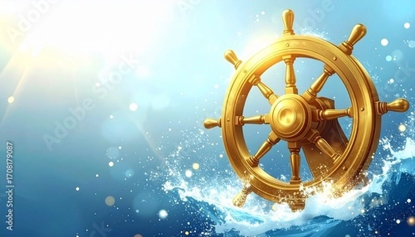 Fototapeta Golden Ship Wheel with Ocean Splash and Sunlight Rays