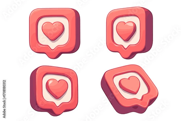 Fototapeta 3D social media like icon set. Heart notification symbol for web and app design. Volumetric cartoon vector render from different angles. Follower love and favorite button.