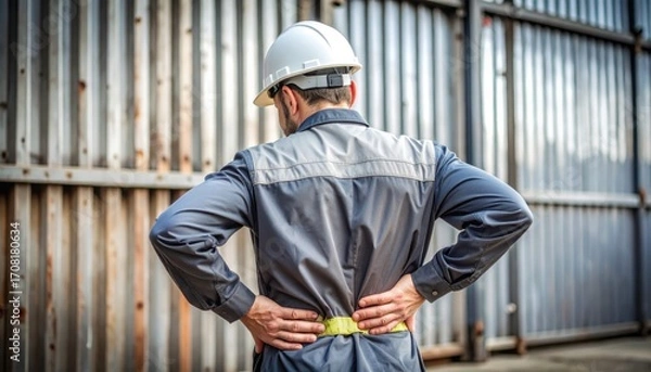 Obraz A construction worker in a hard hat holds his lower back, possibly indicating pain or injury at a worksite.