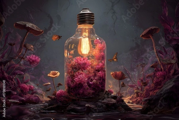 Obraz Surreal glowing light bulb terrarium with pink flowers and butterflies in a mystical forest, fantasy nature concept