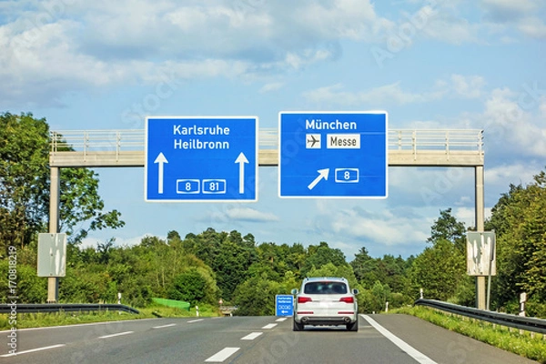 Fototapeta freeway road sign on Autobahn A81, Karlsruhe / Heilbronn - exit Munich / Airport / Mess