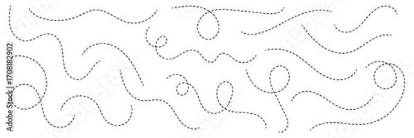 Fototapeta Hand drawn dotted lines path on white background. Curved dotted line, Path travel dotted line trip dashed trace destination. Vector illustration