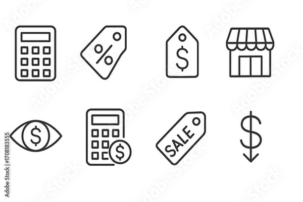 Fototapeta Minimalist price line icon set with editable stroke, showcasing calculator, discounts, cost, retail, shopping insights, estimates, offers, and affordability.