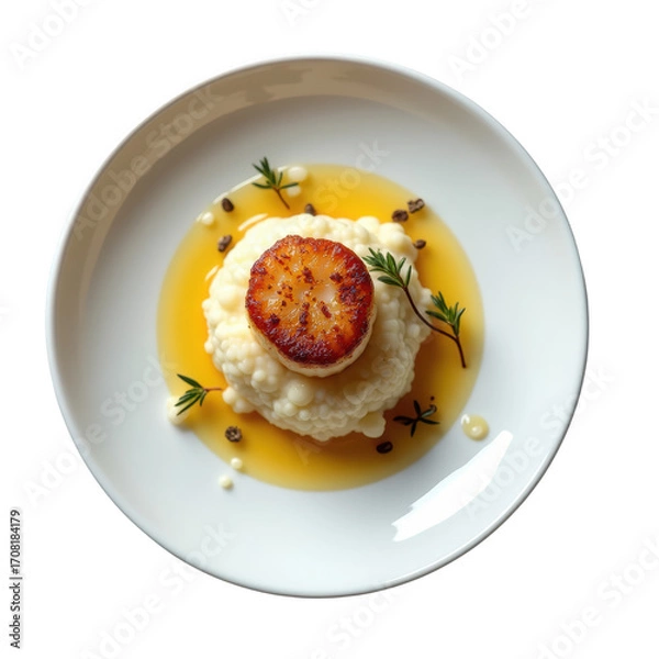 Fototapeta Golden Crusted Scallop on Cauliflower Puree with Brown Butter Drizzle and Fresh Garnish