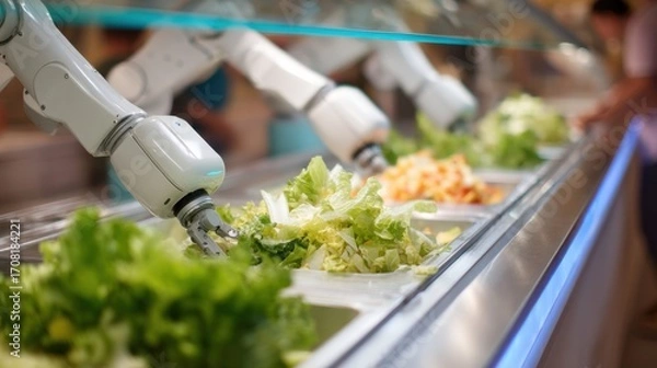 Fototapeta A robot is picking up lettuce from a salad bar