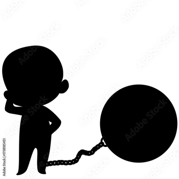 Fototapeta A silhouette person chained to a heavy ball, standing still with a thoughtful pose, symbolizing life burdens, stress, and obstacles that hold back progress and freedom.