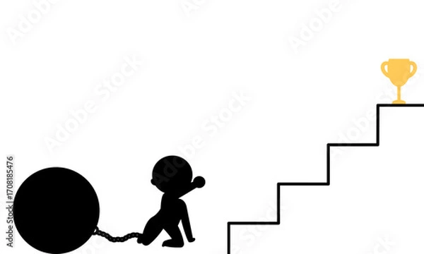 Fototapeta A silhouette person chained to a heavy ball struggling to climb stairs toward a golden trophy, symbolizing life burdens, challenges, and the determination to achieve success.