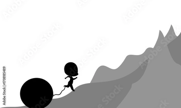 Fototapeta A silhouette person chained to a heavy ball while climbing a mountain, symbolizing life burdens, challenges, and perseverance on the journey to success.