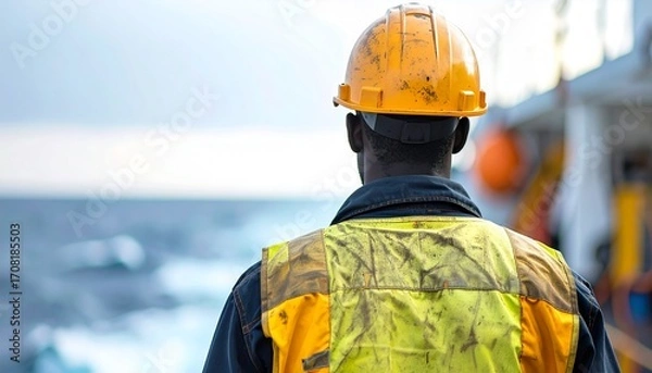 Fototapeta Maritime workers with helmets facing the vast ocean on the ship's deck