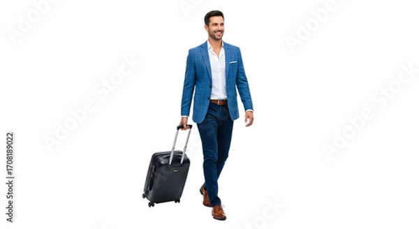 Fototapeta Confident businessman in a blue suit walking with a black rolling suitcase, suggesting business travel and professional success on a white background