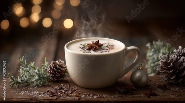 Obraz Cozy Winter Mug with Creamy Drink and Festive Spices