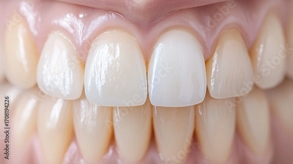 Fototapeta A close-up of a person's teeth, showing a healthy smile with white teeth and a pink tongue.