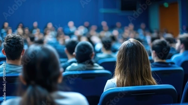 Fototapeta A group of people sitting in a blue auditorium, attentively listening to a presentation.