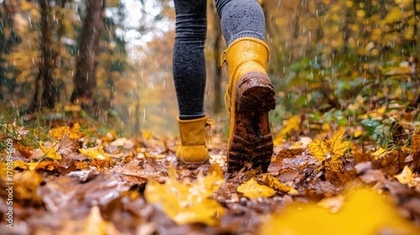 Fototapeta A person walking through a forest with yellow boots and leaves on the ground.