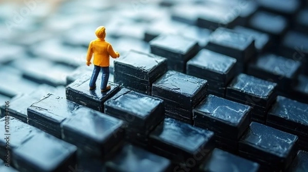 Fototapeta A miniature figure of a person in a yellow raincoat standing on a black keyboard.