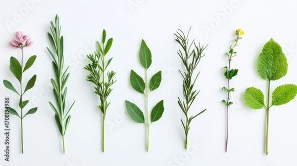 Fototapeta A collection of various herbs and leaves arranged in a row on a white background.