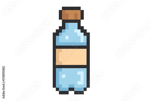 Fototapeta Pixel art water bottle icon. 8-bit drink symbol for retro game asset. Vector illustration of a plastic beverage container. Isolated minimalist sprite for a video game.