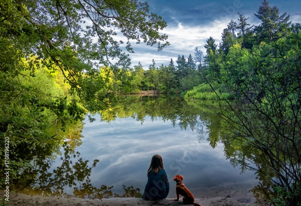 Fototapeta A girl and a dog sit quietly by a calm lake, surrounded by lush green trees. The water reflects the serene sky and vibrant foliage.