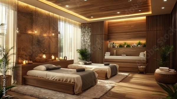 Fototapeta A luxurious bedroom with wooden accents, a large bed, and a spa-like setting with candles and plants.