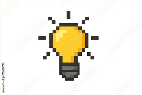 Fototapeta Light bulb pixel art icon. Concept of idea, solution, and creativity. Retro 8-bit video game style graphic. Electric lamp symbol of energy and innovation. Isolated vector.