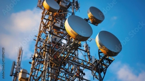 Fototapeta A telecommunications tower with multiple satellite dishes against a blue sky with white clouds.