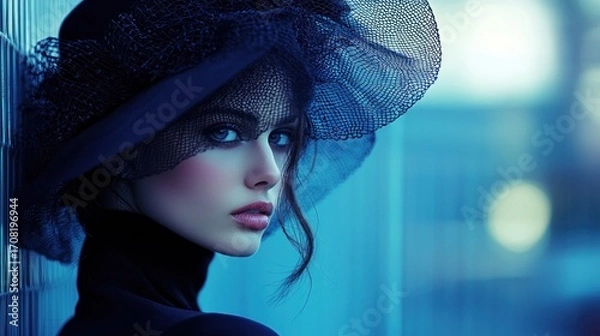 Fototapeta A woman in a black hat and turtleneck, with a blue background and bokeh lights.