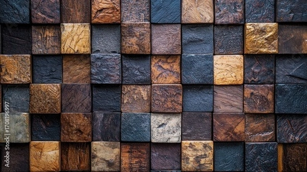 Fototapeta A textured, multi-colored mosaic of wooden tiles arranged in a grid pattern.