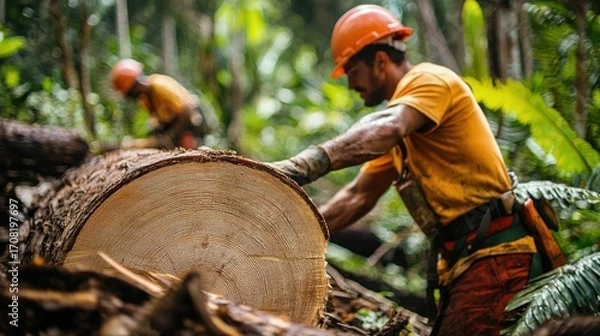 Fototapeta Two loggers in yellow shirts and orange hard hats working in a dense jungle setting. One logger is holding a large tree trunk while the other is standing